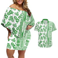 Hawaii Couples Matching Off Shoulder Short Dress and Hawaiian Shirt Aloha Tropical Plants Tribal Pattern Green Version LT03 Green - Polynesian Pride