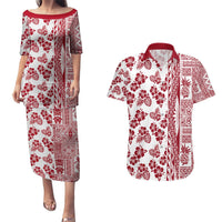 Hawaii Couples Matching Puletasi Dress and Hawaiian Shirt Aloha Tropical Plants Tribal Pattern Red Version LT03 Red - Polynesian Pride