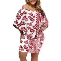 Hawaii Off Shoulder Short Dress Aloha Tropical Plants Tribal Pattern Red Version LT03 Women Red - Polynesian Pride