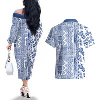 Hawaii Couples Matching Off The Shoulder Long Sleeve Dress and Hawaiian Shirt Aloha Tropical Plants Tribal Pattern Blue Version LT03 - Polynesian Pride