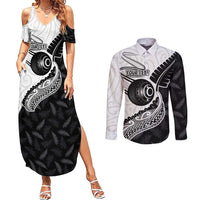 Personalised Aotearoa Lawn Bowls Couples Matching Summer Maxi Dress and Long Sleeve Button Shirt Maori and Silver Fern Half Style - Polynesian Pride