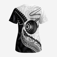 Personalised Aotearoa Lawn Bowls Scrub Top Maori and Silver Fern Half Style - Polynesian Pride