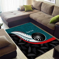 Personalised Aotearoa Lawn Bowls Area Rug Maori and Silver Fern Sporty Style Teal Color - Polynesian Pride