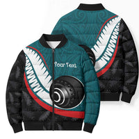 Personalised Aotearoa Lawn Bowls Bomber Puffer Jacket Maori and Silver Fern Sporty Style Teal Color - Polynesian Pride