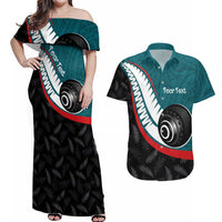 Personalised Aotearoa Lawn Bowls Couples Matching Off Shoulder Maxi Dress and Hawaiian Shirt Maori and Silver Fern Sporty Style Teal Color - Polynesian Pride