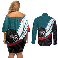 Personalised Aotearoa Lawn Bowls Couples Matching Off Shoulder Short Dress and Long Sleeve Button Shirt Maori and Silver Fern Sporty Style Teal Color - Polynesian Pride