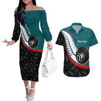 Personalised Aotearoa Lawn Bowls Couples Matching Off The Shoulder Long Sleeve Dress and Hawaiian Shirt Maori and Silver Fern Sporty Style Teal Color - Polynesian Pride