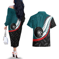 Personalised Aotearoa Lawn Bowls Couples Matching Off The Shoulder Long Sleeve Dress and Hawaiian Shirt Maori and Silver Fern Sporty Style Teal Color - Polynesian Pride