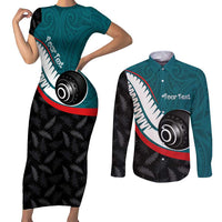 Personalised Aotearoa Lawn Bowls Couples Matching Short Sleeve Bodycon Dress and Long Sleeve Button Shirt Maori and Silver Fern Sporty Style Teal Color - Polynesian Pride