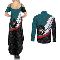 Personalised Aotearoa Lawn Bowls Couples Matching Summer Maxi Dress and Long Sleeve Button Shirt Maori and Silver Fern Sporty Style Teal Color - Polynesian Pride