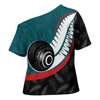 Personalised Aotearoa Lawn Bowls Cross Shoulder Shirt Maori and Silver Fern Sporty Style Teal Color - Polynesian Pride