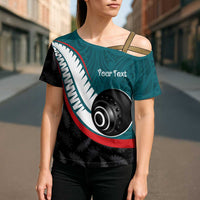 Personalised Aotearoa Lawn Bowls Cross Shoulder Shirt Maori and Silver Fern Sporty Style Teal Color - Polynesian Pride