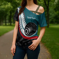 Personalised Aotearoa Lawn Bowls Cross Shoulder Shirt Maori and Silver Fern Sporty Style Teal Color - Polynesian Pride