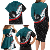 Personalised Aotearoa Lawn Bowls Family Matching Long Sleeve Bodycon Dress and Hawaiian Shirt Maori and Silver Fern Sporty Style Teal Color - Polynesian Pride