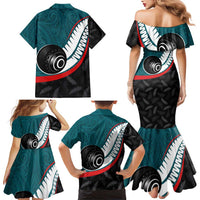 Personalised Aotearoa Lawn Bowls Family Matching Mermaid Dress and Hawaiian Shirt Maori and Silver Fern Sporty Style Teal Color - Polynesian Pride