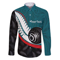 Personalised Aotearoa Lawn Bowls Family Matching Off The Shoulder Long Sleeve Dress and Hawaiian Shirt Maori and Silver Fern Sporty Style Teal Color - Polynesian Pride