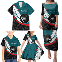 Personalised Aotearoa Lawn Bowls Family Matching Puletasi and Hawaiian Shirt Maori and Silver Fern Sporty Style Teal Color - Polynesian Pride