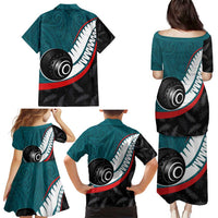 Personalised Aotearoa Lawn Bowls Family Matching Puletasi and Hawaiian Shirt Maori and Silver Fern Sporty Style Teal Color - Polynesian Pride