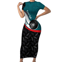 Personalised Aotearoa Lawn Bowls Family Matching Short Sleeve Bodycon Dress and Hawaiian Shirt Maori and Silver Fern Sporty Style Teal Color - Polynesian Pride