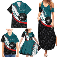 Personalised Aotearoa Lawn Bowls Family Matching Summer Maxi Dress and Hawaiian Shirt Maori and Silver Fern Sporty Style Teal Color - Polynesian Pride