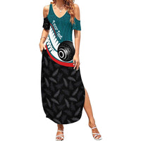 Personalised Aotearoa Lawn Bowls Family Matching Summer Maxi Dress and Hawaiian Shirt Maori and Silver Fern Sporty Style Teal Color - Polynesian Pride