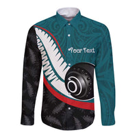 Personalised Aotearoa Lawn Bowls Long Sleeve Button Shirt Maori and Silver Fern Sporty Style Teal Color - Polynesian Pride