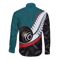 Personalised Aotearoa Lawn Bowls Long Sleeve Button Shirt Maori and Silver Fern Sporty Style Teal Color - Polynesian Pride