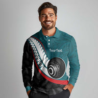Personalised Aotearoa Lawn Bowls Long Sleeve Polo Shirt Maori and Silver Fern Sporty Style Teal Color - Polynesian Pride