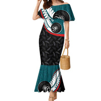 Personalised Aotearoa Lawn Bowls Mermaid Dress Maori and Silver Fern Sporty Style Teal Color - Polynesian Pride
