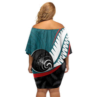 Personalised Aotearoa Lawn Bowls Off Shoulder Short Dress Maori and Silver Fern Sporty Style Teal Color - Polynesian Pride