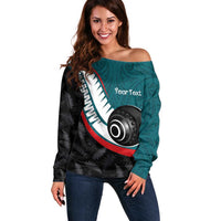 Personalised Aotearoa Lawn Bowls Off Shoulder Sweater Maori and Silver Fern Sporty Style Teal Color - Polynesian Pride