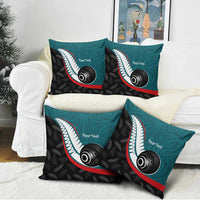 Personalised Aotearoa Lawn Bowls Pillow Cover Maori and Silver Fern Sporty Style Teal Color - Polynesian Pride