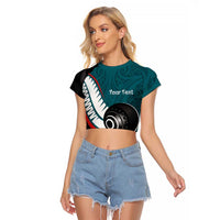 Personalised Aotearoa Lawn Bowls Raglan Cropped T Shirt Maori and Silver Fern Sporty Style Teal Color - Polynesian Pride