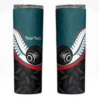 Personalised Aotearoa Lawn Bowls Skinny Tumbler Maori and Silver Fern Sporty Style Teal Color - Polynesian Pride