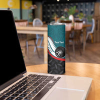 Personalised Aotearoa Lawn Bowls Skinny Tumbler Maori and Silver Fern Sporty Style Teal Color - Polynesian Pride