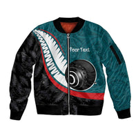 Personalised Aotearoa Lawn Bowls Sleeve Zip Bomber Jacket Maori and Silver Fern Sporty Style Teal Color - Polynesian Pride