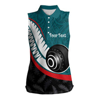 Personalised Aotearoa Lawn Bowls Women Sleeveless Polo Shirt Maori and Silver Fern Sporty Style Teal Color - Polynesian Pride