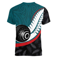 Personalised Aotearoa Lawn Bowls Women V-Neck T-Shirt Maori and Silver Fern Sporty Style Teal Color - Polynesian Pride
