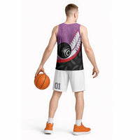 Personalised Aotearoa Lawn Bowls Basketball Jersey Maori and Silver Fern Sporty Style Pink Color - Polynesian Pride