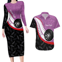 Personalised Aotearoa Lawn Bowls Couples Matching Long Sleeve Bodycon Dress and Hawaiian Shirt Maori and Silver Fern Sporty Style Pink Color - Polynesian Pride