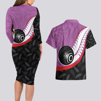 Personalised Aotearoa Lawn Bowls Couples Matching Long Sleeve Bodycon Dress and Hawaiian Shirt Maori and Silver Fern Sporty Style Pink Color - Polynesian Pride
