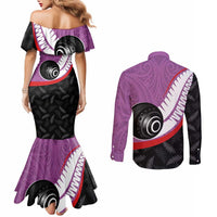 Personalised Aotearoa Lawn Bowls Couples Matching Mermaid Dress and Long Sleeve Button Shirt Maori and Silver Fern Sporty Style Pink Color - Polynesian Pride