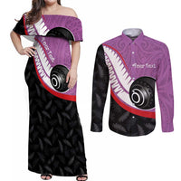 Personalised Aotearoa Lawn Bowls Couples Matching Off Shoulder Maxi Dress and Long Sleeve Button Shirt Maori and Silver Fern Sporty Style Pink Color - Polynesian Pride