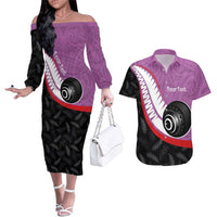 Personalised Aotearoa Lawn Bowls Couples Matching Off The Shoulder Long Sleeve Dress and Hawaiian Shirt Maori and Silver Fern Sporty Style Pink Color - Polynesian Pride