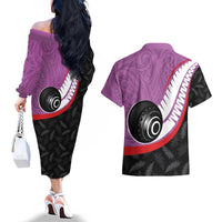 Personalised Aotearoa Lawn Bowls Couples Matching Off The Shoulder Long Sleeve Dress and Hawaiian Shirt Maori and Silver Fern Sporty Style Pink Color - Polynesian Pride