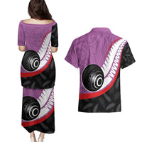 Personalised Aotearoa Lawn Bowls Couples Matching Puletasi and Hawaiian Shirt Maori and Silver Fern Sporty Style Pink Color - Polynesian Pride