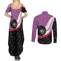 Personalised Aotearoa Lawn Bowls Couples Matching Summer Maxi Dress and Long Sleeve Button Shirt Maori and Silver Fern Sporty Style Pink Color - Polynesian Pride