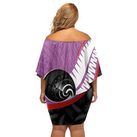 Personalised Aotearoa Lawn Bowls Family Matching Off Shoulder Short Dress and Hawaiian Shirt Maori and Silver Fern Sporty Style Pink Color - Polynesian Pride