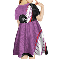 Personalised Aotearoa Lawn Bowls Kid Short Sleeve Dress Maori and Silver Fern Sporty Style Pink Color - Polynesian Pride