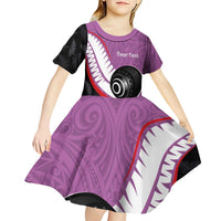 Personalised Aotearoa Lawn Bowls Kid Short Sleeve Dress Maori and Silver Fern Sporty Style Pink Color - Polynesian Pride